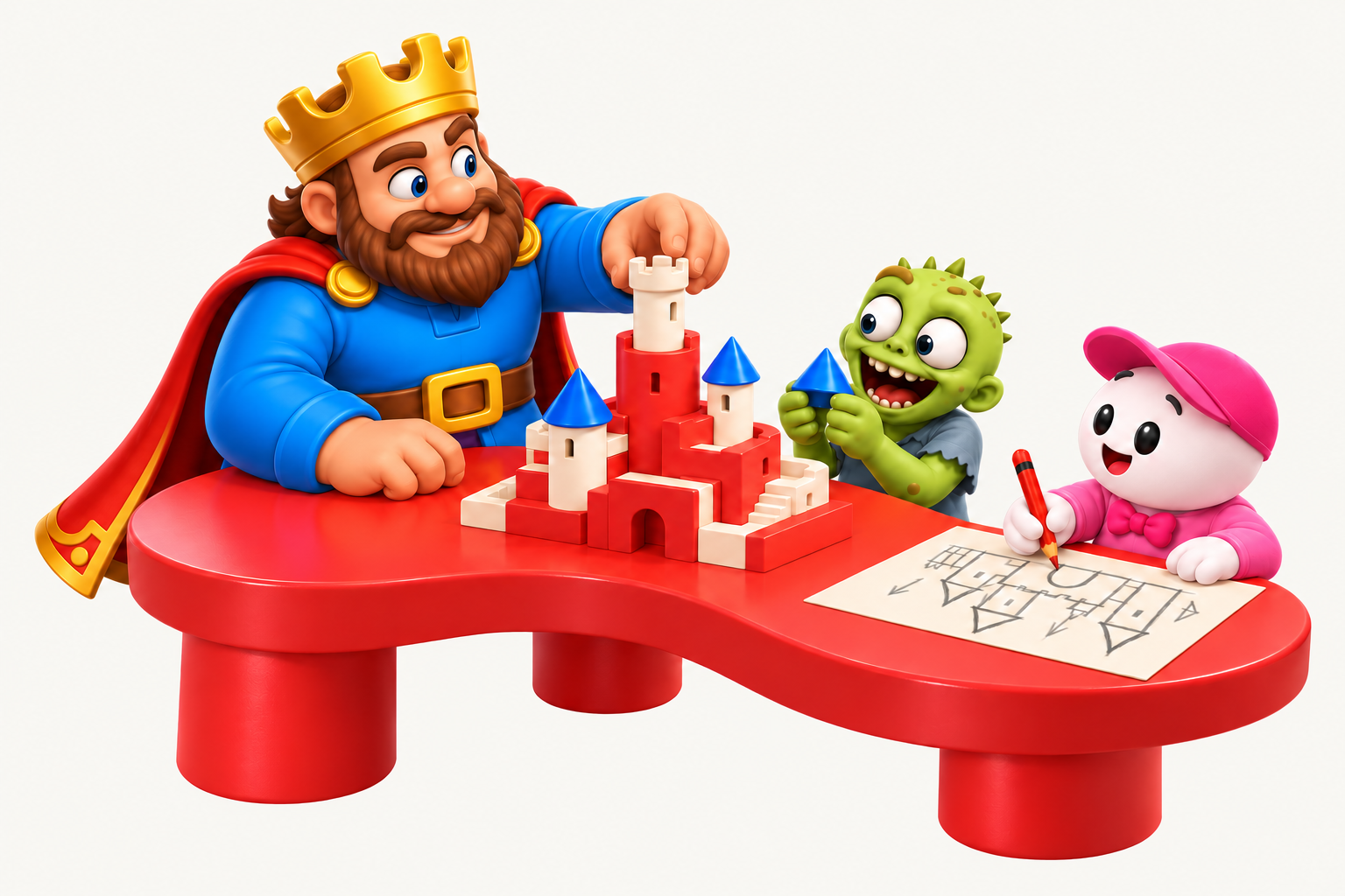 Match Lord kralı ve arkadaşları kırmızı masada birlikte bir kale inşa ediyor.