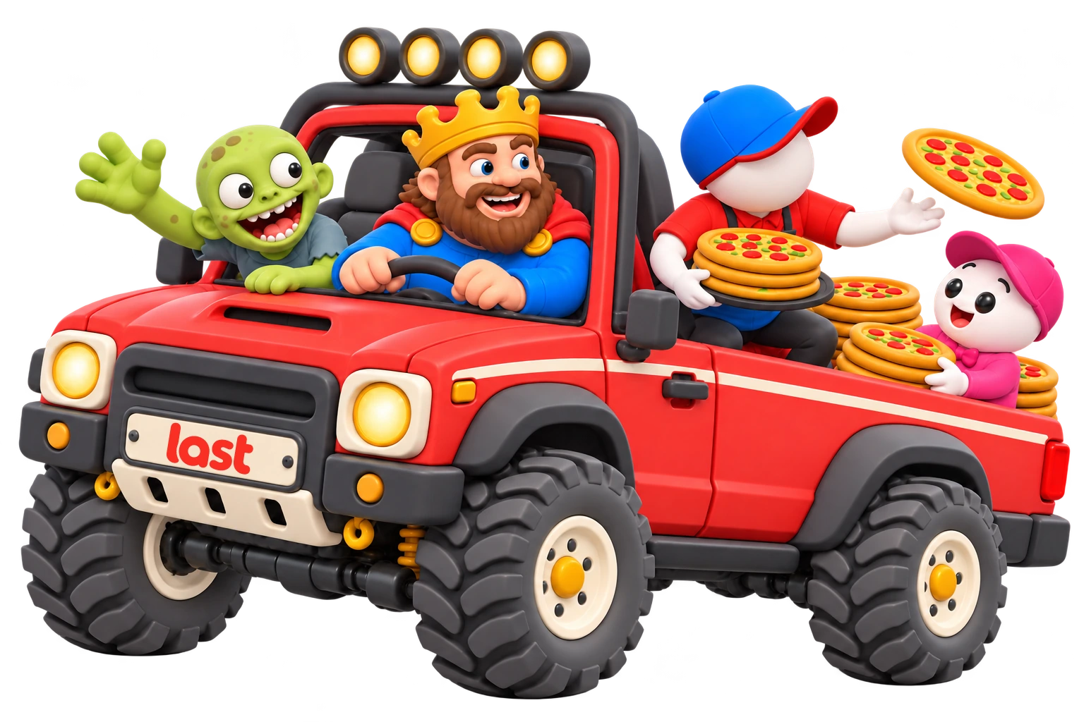 LAST characters catch a slipping pizza in their red pickup.