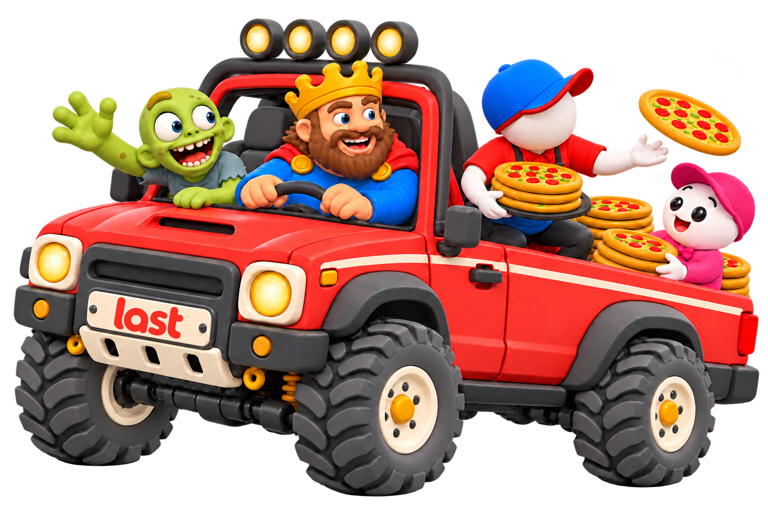 LAST characters catch a slipping pizza in their red pickup.