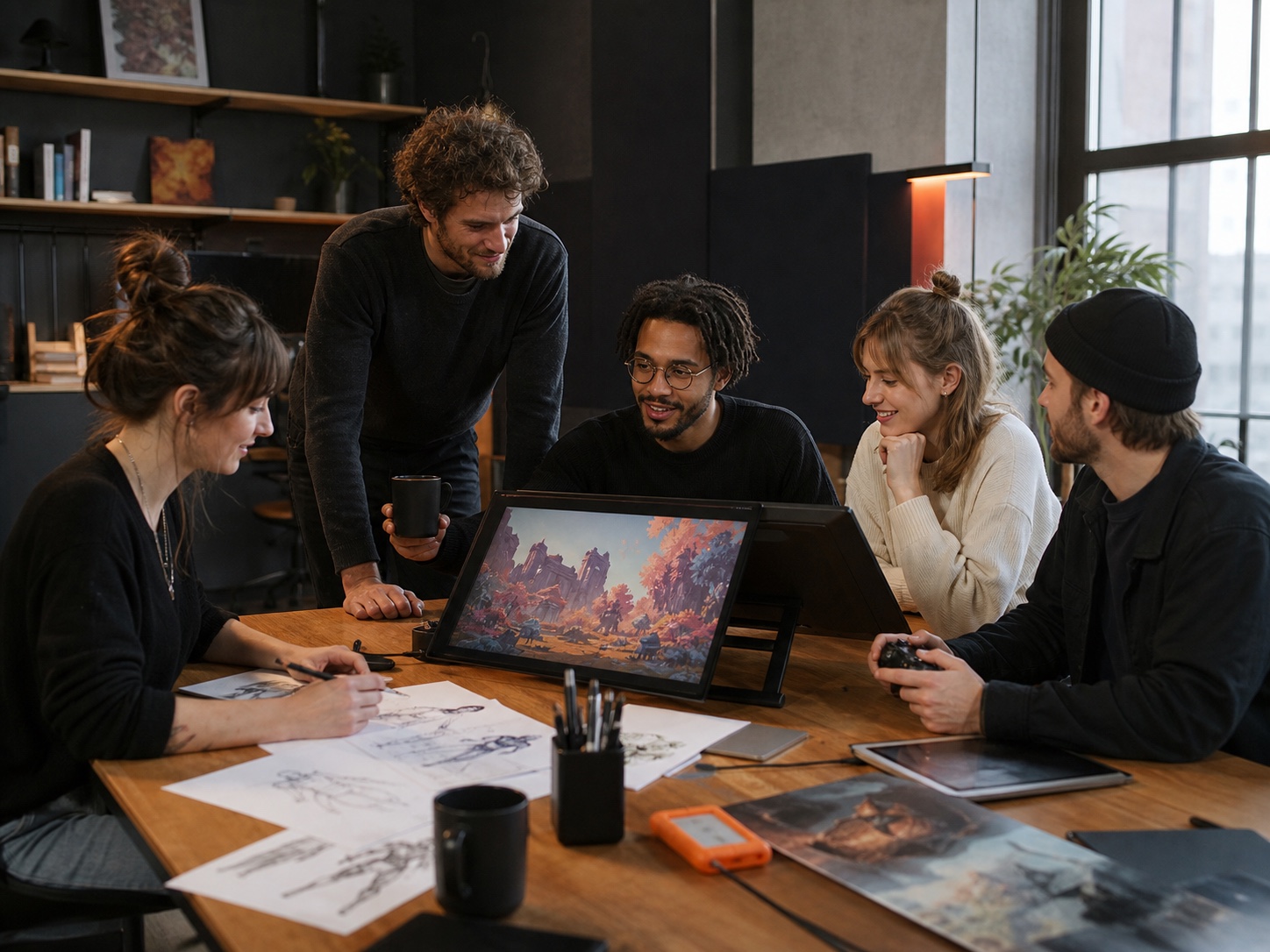 A creative game studio team collaborating around a prototype