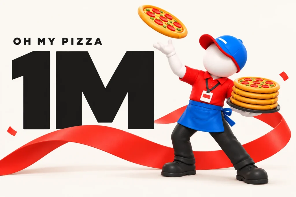 Oh My Pizza’nın pizzacısı, 1 milyon indirmeyi havaya attığı pizzayla kutluyor.