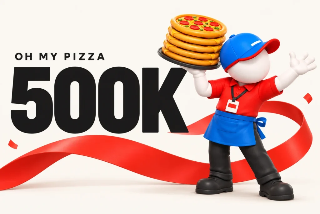 Oh My Pizza’nın pizzacı karakteri ve kırmızı kurdeleyle 500 bin indirme kutlaması.